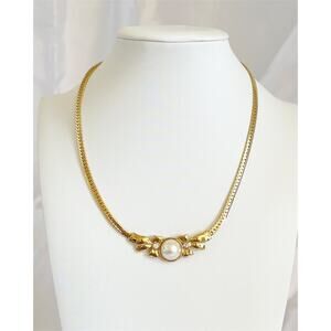 NINA RICCI Vintage Pearl Ribbon Necklace Omega Choker Snake Chain 1980's